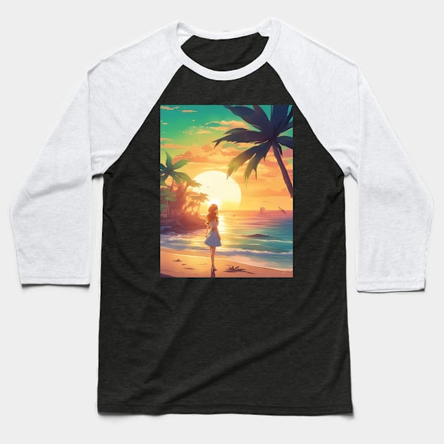 Hot Anime Girl Dream Sunset with Coconut Tree Baseball T-Shirt by animegirlnft